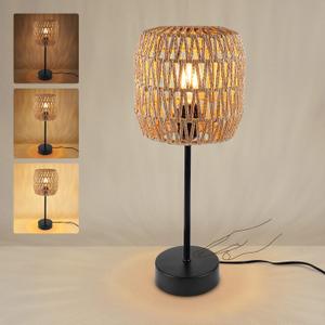 N02 Rustic Rattan Table Lamp with Handmade Woven Shade Dimmable Vintage Bedside Lamp Touch Control Boho Farmhouse Nightstand Lamp with USB Port for Bedroom Living Room Home(Bulb Included)