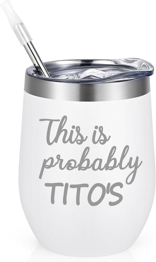 Qtencas Titos Stainless Steel Insulated Wine Tumbler, Funny Christmas Birthday Gift for Women, Coworkers Vodka Lovers, Gag Gift (12oz, White)