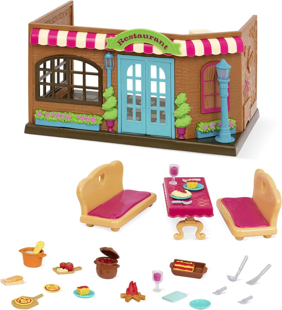 Li'l Woodzeez  Pass  The  Pasta Restaurant Playset  41 Pieces Dollhouse Set with Table, Benches, Food & Accessories for Imaginative Roleplay  Compatible with Figurines 3+ Years