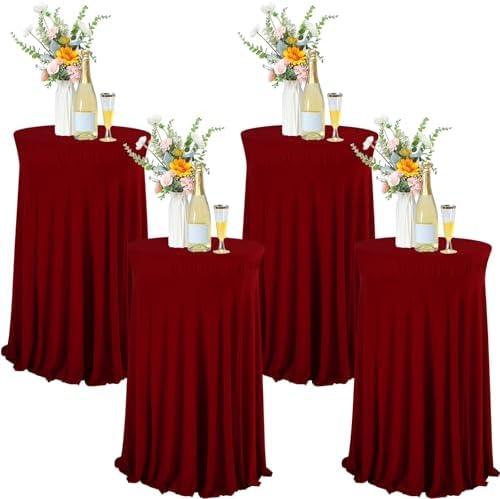 Tegeme 4 Packs Round Spandex Cocktail Tablecloths with Skirt 32 x 43 Inch Cocktail Round Table Cover Spandex Stretch Square Tablecloth Skirt for Table Bar Wedding Party Banquet (Red)