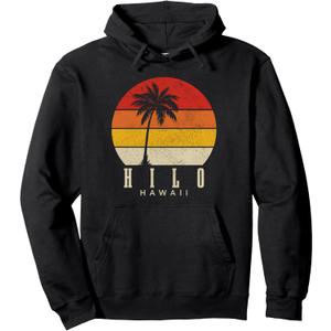 Hilo Hawaii Hawaiian Surf Vintage Sunset Surfer Retro Pullover Hoodie (Small, Black)