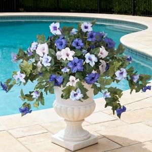 Ammyoo Artificial Fake Petunia Flowers for Outdoor Decoration, 2PCS Faux Silk Petunias Flower for Spring UV Resistant No Fade Realistic Plants for Garden Balcony Yard Porch Indoor Decor(Blue White)