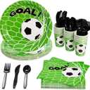 Juvale 144-Piece Soccer Themed Birthday Party Supplies, Bundle Includes Paper Plates, Napkins, Cups, and Plastic Cutlery for Sports Themed Party Decorations (Serves 24)