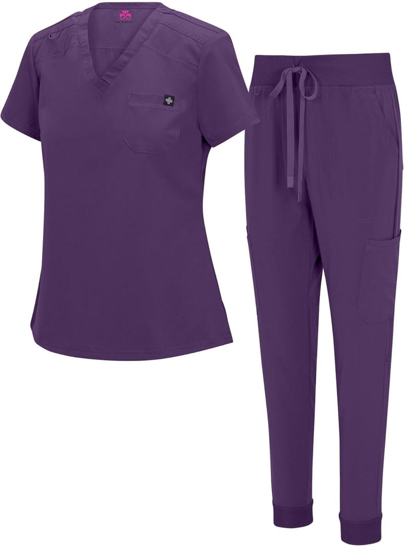 Natural Uniforms Womens Cool Stretch Modern Tuck-In Top Yoga Jogger Scrub Set with Regular and Petite Sizes (XX-Large, Eggplant)