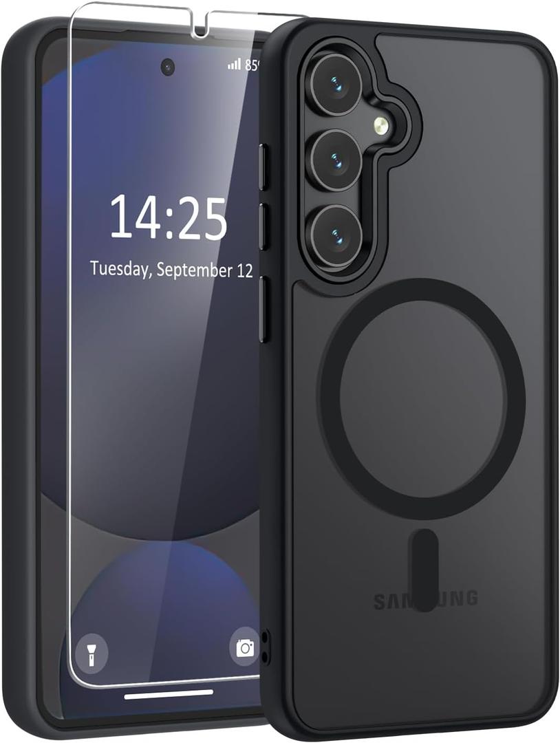 WRJ for Samsung Galaxy S25 Plus Case,Galaxy S24 Plus Case with Screen Protector,[Compatible with Magsafe] Slim Matte Translucent Magnetic Women Men Shockproof Protective Cover-Black