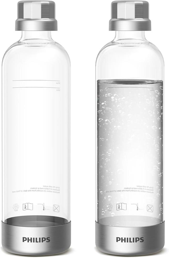 PHILIPS Carbonating Bottles ADD916/37, 1L Twin Pack Reusable PET Sparkling Water Bottles Compatible Sparkling Water Maker, 2 Pack for ADD4902BKOQ/37, ADD4902WHOQ/37 and ADD4901GROQ/37, ADD4901BKOQ/37, (Silver)