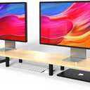 Large Extra Long Monitor Stand Riser 43.7in,Dual Monitor Riser, Wide TV Stand for 2 Monitors, Wood & Steel Leg Adjustable Height Desktop Riser, Home Office Organization. (Natural) (Nature)