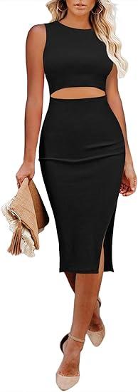Pink Queen Women's Crew Neck Sleeveless Cutout Side Slit Knee Length Bodycon Midi Dress Size M