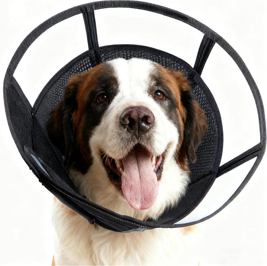 Extra Large Soft Dog Cone, 37cm / 14.5" Long Stop Licking Deep Pet Recovery Collar After Surgery, Clear Plastic Breathable Elizabethan Head Neck Circle, Adjustable Comfortable Cones (XXL Black) (Black, XXL)
