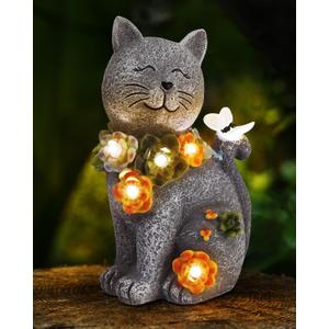 Solar Garden Statues Outdoor Decor, 6 LED Cat Flowers Butterfly Figurine Lights, Waterproof for Balcony Patio Porch Lawn Yard Ornament Art - Gift Ideas for Housewarming Gardening Grandma Women