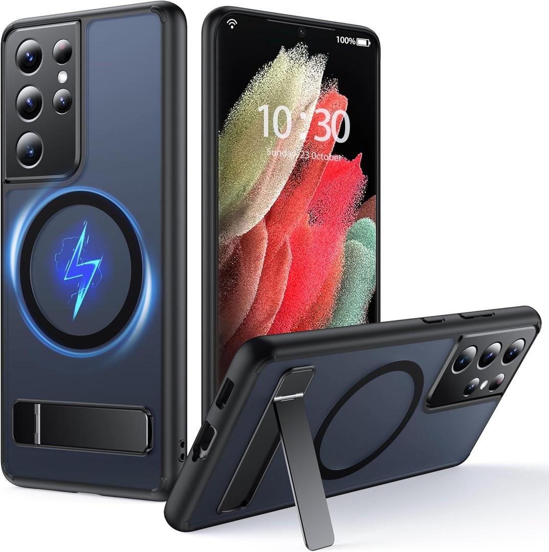 for Samsung Galaxy S21 Ultra Case with MagSafe [Adjustable Kickstand] [Charge While Standing] [Military Shockproof] Translucent Matte Soft Silicone Bumper for S21 Ultra Phone Case Slim, Black