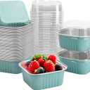 50 Pcs Mini Square Baking Cups with Lids, 5oz Aluminum Foil Mini Cake Pans with Lids, Disposable Ramekins Cake Pans, 150ml Dessert Cups Cupcake Pans for Wedding Birthday Party, Blue