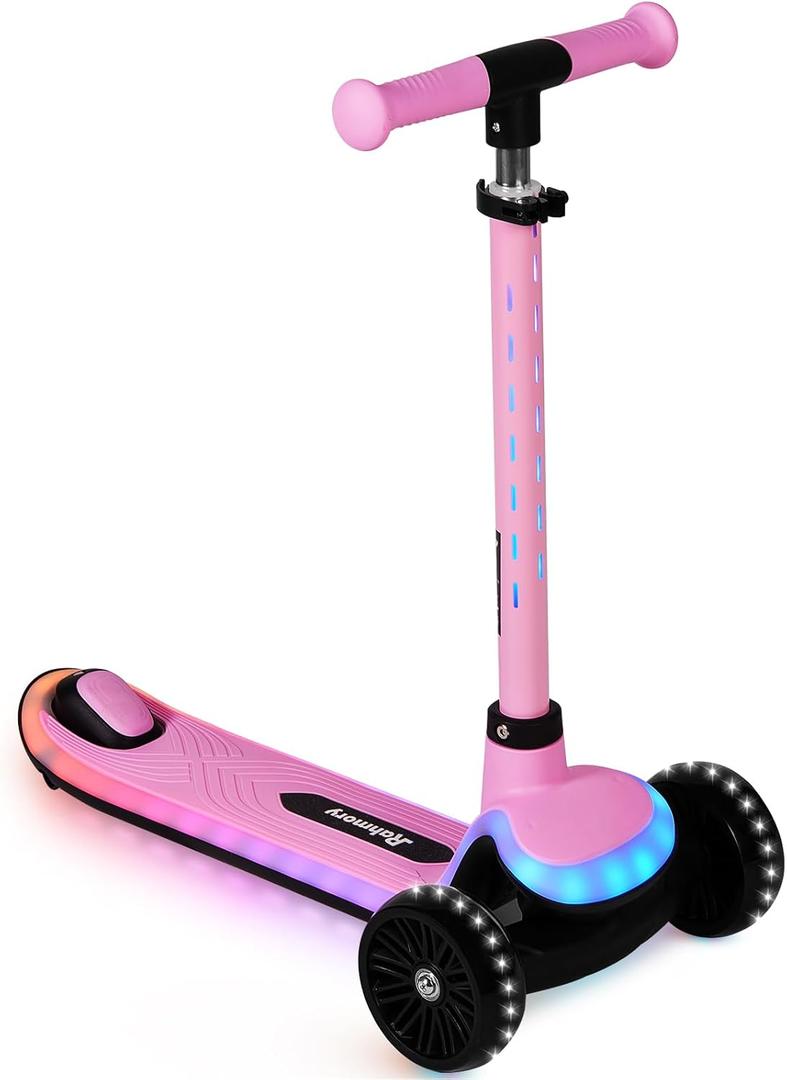 3-Wheel Light-Up Kids Scooter, 20 Different Light Patterns, Three Adjustable Heights, Lean to Steer, Balance Scooter for Ages 3-8 (Pink)