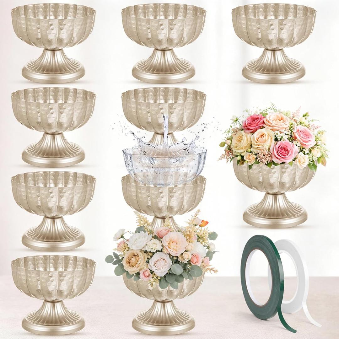 10 Pcs Metal Silver Compote Bowl Vase for Centerpiece 7.8'' Wide 6.3'' High Compote Pedestal Vases Champagne Flower Holder Indoor Outdoor for Wedding Birthday Home Party Decoration