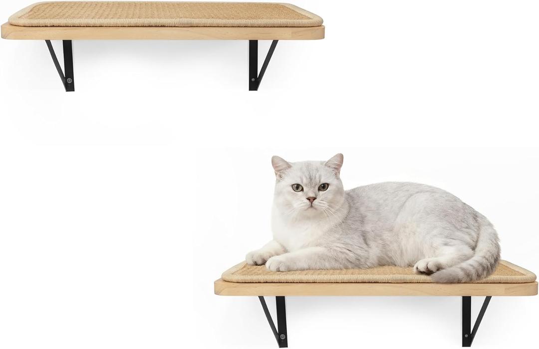 2PCS Cat Wall Shelves with Scratching Mat, 16.6x9.7 Inch Solid Pine Wood Wall Mounted Kitten Floating Shelf, Window Perch Hammock, Cats Wall Furniture for Cats Sleeping, Playing, Climbing