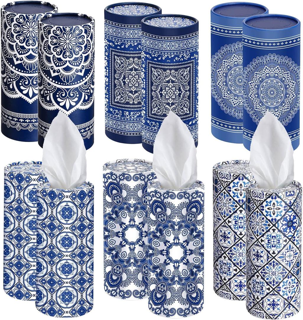 Outus 12 Pcs Mandala Car Tissues Cylinder Holder with 3 Ply Facial Tissue Bulk Round Tissue Holder Travel Tissues Boxes Container for Car Cup Wedding Birthday Party