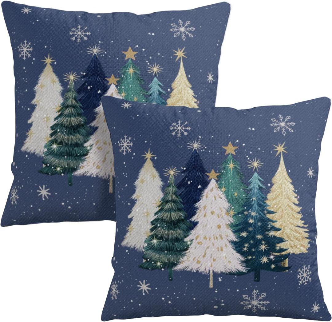 Wnoesat Blue Christmas Pillow Covers 18x18 Set of 2 Teal White Gold Xmas Tree Snowflakes Decorative Outdoor Throw Pillow Cases Winter Holiday Farmhouse Cushion Cover for Sofa Couch Patio