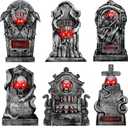 Outdoor Halloween Decorations Graveyard Tombstones: 6pcs Large Halloween Gravestone Yard Signs with Stakes, Red LED Lights in Eyes, Battery Included, 16" Scary Skeleton RIP Cemetery Headstones Dcor