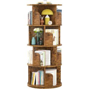 Aheaplus Rotating Bookshelf, Small Corner Bookshelf for Small Space, 360 Display 4 Tier Floor Standing Bookcase Storage Rack, Wood Narrow Book Shelf Organizer for Bedroom, Living Room, Rustic Brown