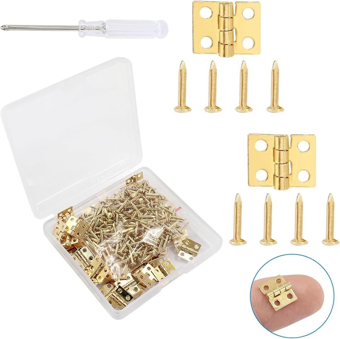Biaungdo 60 Pcs Mini Brass Hinges, 180 Degree Rotation Miniature Furniture Hardware Cabinet Mini Hinges for Jewelry Box Closet DIY Accessories with Mounting Nails(10x8mm, Golden) (Yellow)