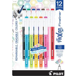Pilot FriXion Fineliner Erasable Marker Pens, Fine Point 0.7 mm, Pack of 12, Assorted Colors, Erasable Pens - Ideal for School, Journaling, & Office Writing