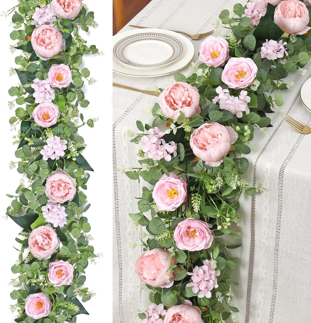 Betylifoy 2 Pack 12Ft Pink Flower Garland Artificial Eucalyptus Flower Garlands Fake Peony Rose Floral Vines Silk Hydrangea Hanging Vine Greenery Garland for Wedding Party Table Wall Backdrop Decor