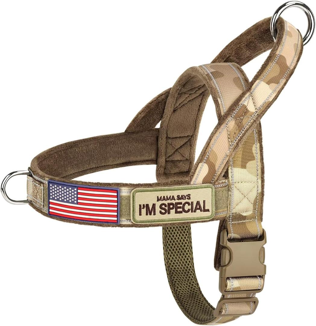Forestpaw No Pull Dog Harness with Large Handle,Slip on Reflective Vest with Quick Release Buckle,Comfortable Flannel Lining for Medium Large Dogs Walking Training (Includes 3 Patches),Brown Camo M