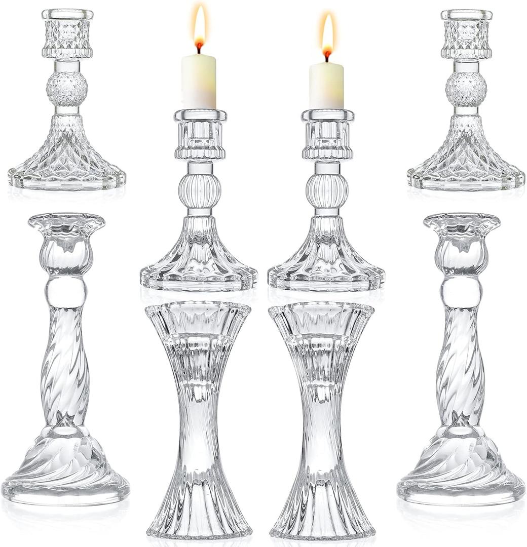 Glass Candlestick Holders - Set of 8 Clear Taper Candlestick Glasses,Crystal Candle,for All Formal Events,Candlelight Dinner,Wedding, Dinning, Party,Home Decoration