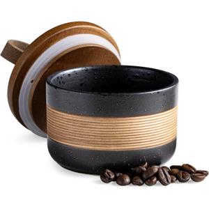 Small Ceramic Jar with Lid, Coffee Container Kitchen Food Storage Jars for Spice Sugar Tea Bag Matcha Container Airtight, Stacairtightkable Decorative Jars for Countertop, Black & 5oz