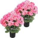2Pcs Geranium Potted Artificial Flowers in Pots, Faux Outdoor Plants Realistic Geranium, Decorative Fake Potted Plants for Patio Garden Home Decoration, UV Resistant Artificial Flowers 16"Tall (Pink)