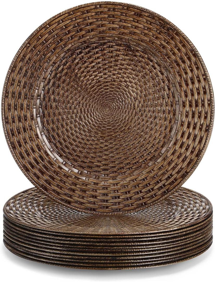 Novabright 12 Pcs Faux Rattan Charger Plates 13" Brown Table Chargers for Dinner Plates Round Plastic Rattan Placemats for Elegant Table Setting Party Wedding Decoration