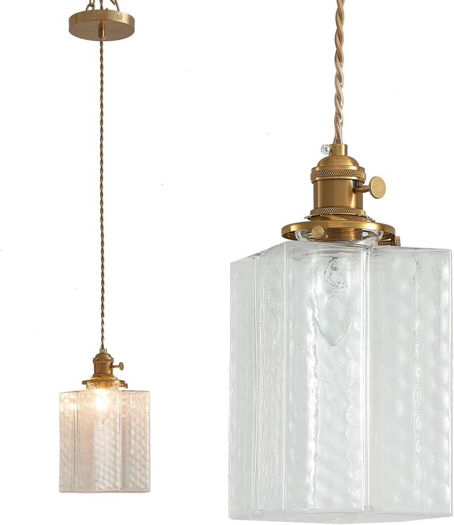Oyisen Hanging Lamp, 6.5 Inchs Cuboid Glass Lampshade Farmhouse Pendant Lights Kitchen Island 6.5ft Braided Light Cord Hanging Light for Bedroom Hallway Light Fixture with Light Bulb