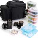 ThinkFit Large Black Meal Prep Lunch Bag, 8 Portion Control Containers, Pill Dispenser, Shaker Cup & 2 XL Reusable Ice Packs
