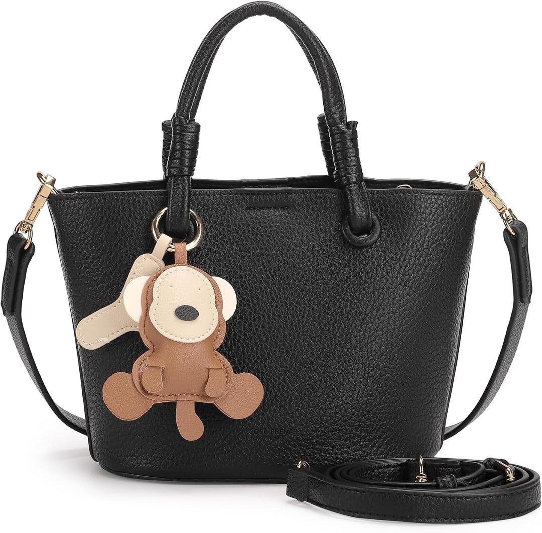 Women's handbag, artificial leather bucket wallet, women's top handle, shoulder bag strap, detachable small wallet (black)