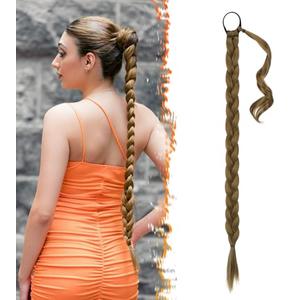 BARSDAR 34 Inch Long Braided Ponytail Extension with Hair Tie - Straight Sleek Wrap Around Brown Braided Ponytail Hair Extensions - Synthetic Pony Tails Hairpieces for Women - Light Golden Brown Mix