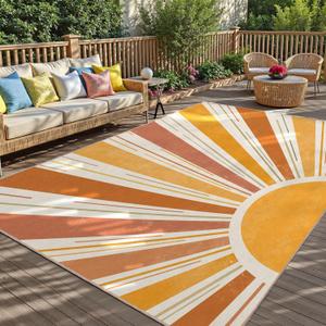 Outdoor Indoor Area Rug Boho Sun Washable Outdoor 8x10 Patio Rugs Medieval Aesthetic Vintage Abstract Art Non-Slip Carpet for Living Room, Patio, Porch, Pool Deck (8x10) (Multicolour)