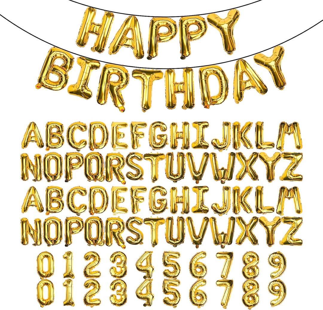 [85 PCS] 16" Gold Letter Number Balloons, Happy Birthday & 2 Sets of A-Z 0-9, Foil Mylar Aluminum Hanging Alphabet for Graduation New Year eve Birthday Party Decorations