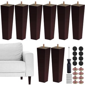 TURSTIN Set of 8 Furniture Legs 8 Inch Square Solid Wood Couch Legs Replacement Sofa Legs Mid Century Furniture Feet for Armchair Bed Dresser Cabinet Include Installation Hardware, Brown