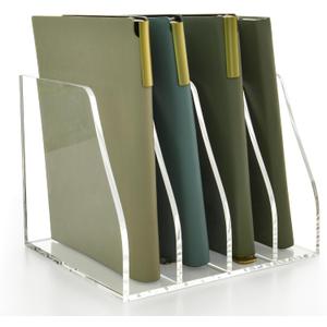 Acrylic Magazine File Holder, 4 Vertical Compartments Desk Document Sorter Organizer, Clear Folder Rack Binder for Office/Home/Classroom, for Documents, Tablet, Magazines, Books & Accessories