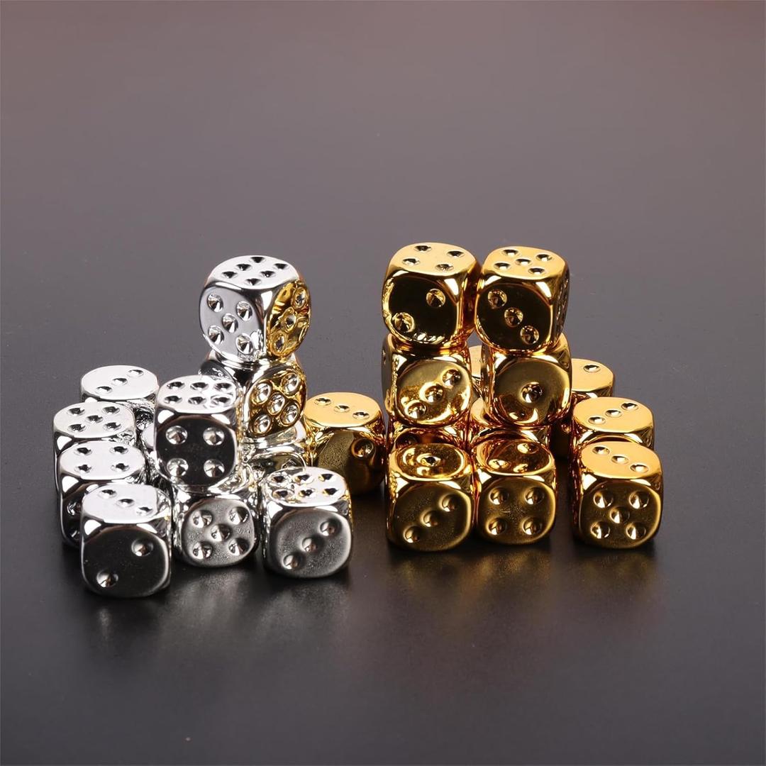 20pcs Gold & Silver Plastic Dice Set 16mm(0.63inch) Round-Edge Dice for Games, Teaching & Party Entertainment