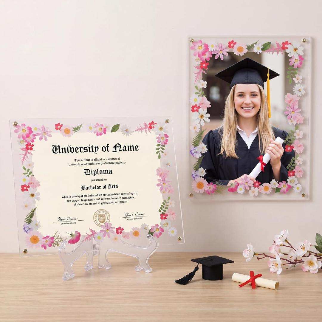 Novabright 2 Set 2026 5.5x8.5 Floral Acrylic Graduation Certificate Frame Pressed Wildflower Wall Mount Floating Picture Frame A4 Photo for Graduation Diploma Degree Document Memory Picture Gift