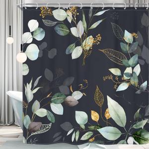 iyidecor Black Green Shower Curtain Rustic Boho Botanical Tropical Eucalyptus Leaf Gold Watercolor Plants Spring 60Wx72H Inch Mid Century Fabric Decor Bathroom Polyester Waterproof 12 Pack Hooks