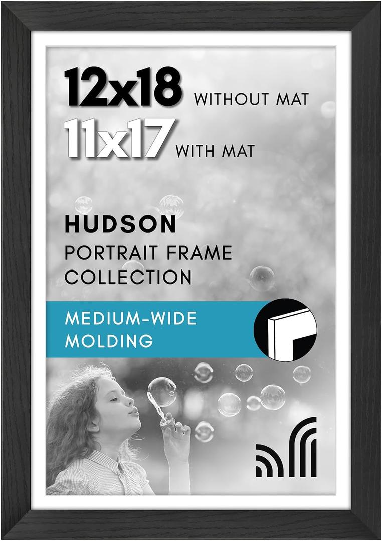 Americanflat 12x18 Poster Frame with Shatter-Resistant Glass - Use as 11x17 Frame with Mat or Display 12x18 Photo Without Mat - Hudson Collection - Wide Picture Frames for Wall Display - Black