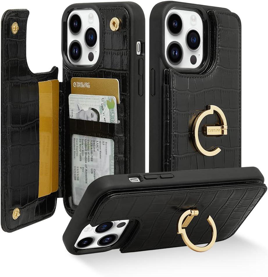 CUSTYPE for iPhone 14 Pro Max case Wallet with Card Holder, 180 Rotation Ring Holder Stand Card Slots Case, Leather Double Snap Cover with Wallet for iPhone 14 pro max 6.7 "-Black