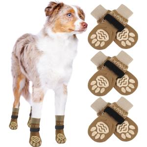 EXPAWLORER 6PCS Anti-Slip Dog Socks to Prevent Licking Paws,Dog Shoes for Hot Pavement,Best Paw Protector Traction Control on Hardwood Floor,Dog Booties for Puppy Small Medium Large Senior Dogs (Khaki)
