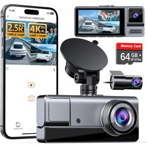 Icesky 2.5K+2.5K+2.5K Three Channel Dash Cam Front and Rear Inside with WiFi 6, 4K+2.5K Dual Dash Camera for Cars Front Rear/Front Inside, Car Dashcams with 64GB Card, 24H Parking Mode, App Control