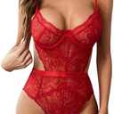 Aranmei Women Sexy Lingerie Bodysuit Lace Teddy Snap Crotch V Neck Cut Out One Piece Babydoll Underwire S