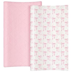 Frienda 2 Pack Pink Changing Pad Covers Waterproof Pink Bow Muslin Changing Pad Covers 32 x 16 Inch Coquette Quilted Cotton Fitted Diaper Sheet Breathable Extra Thick Sheets for Girls