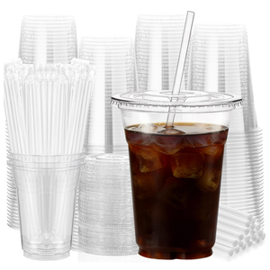 cundao 100 Pack 16 oz Clear Plastic Cups with Lids and Straws, [LeakProof & CrackResistant] Disposable Iced Coffee Cups for Smoothies, Bubble Tea, Juice and Cold Drinks, BPA Free