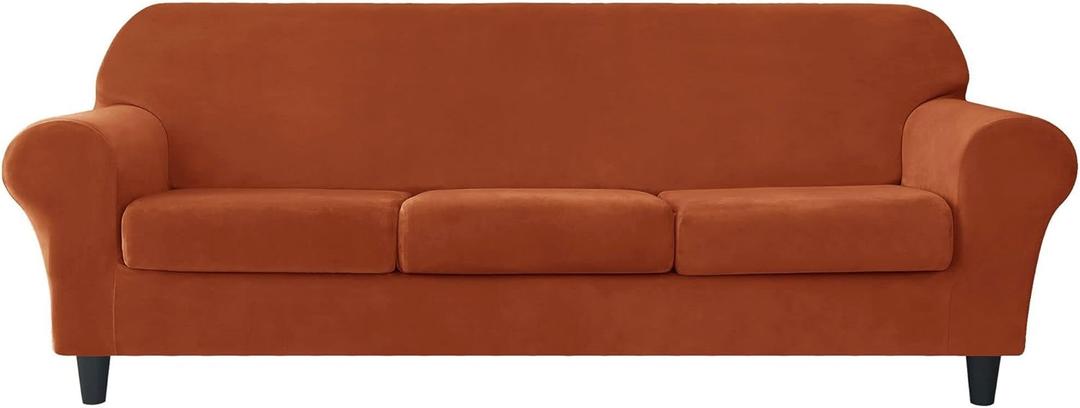 OBCREAT 4 Pieces Sofa Slipcover Stretch Velvet Sofa Covers for 3 Cushion Couch Soft Couch Cover with Elastic Bottom Non Slip Furniture Protector for Pets Kids (Burnt Orange, Large)